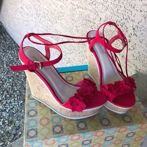 Red Floral Tie Up Wedges (worn once)